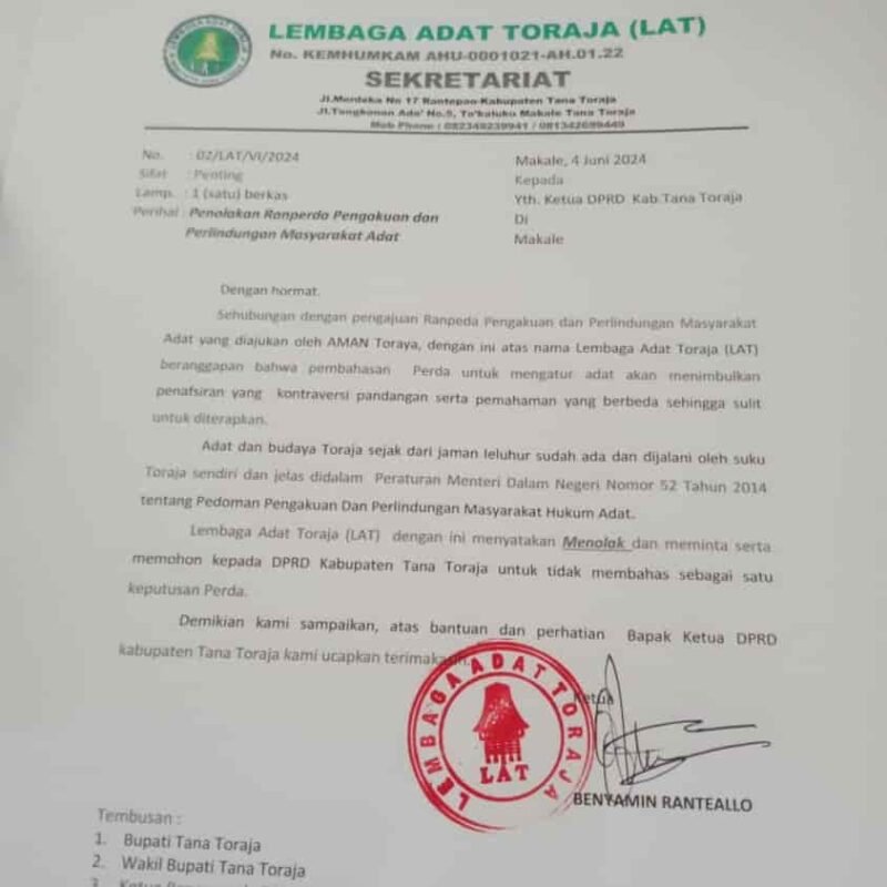 Tolak Ranperda Masyarakat Adat , LAT Surati DPRD dan Bupati